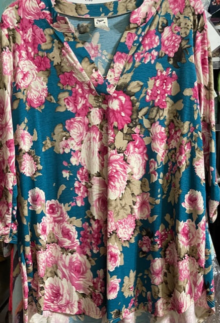Teal and Pink Floral 3/4 Sleeve - Gracie Roze