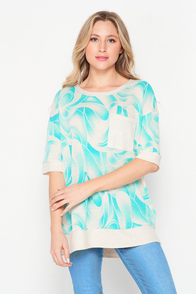 Honeyme Turquoise and Tan Elbow Length Top - Gracie Roze