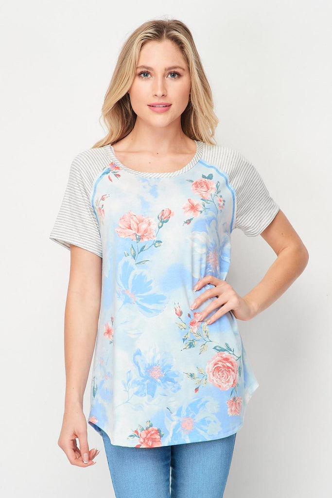 Honeyme Blue Floral with striped Sleeve Top - Gracie Roze